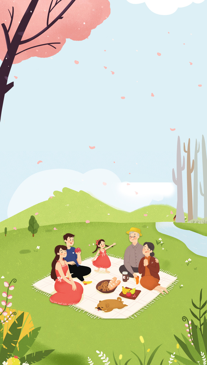 手绘一家人春游野营高清