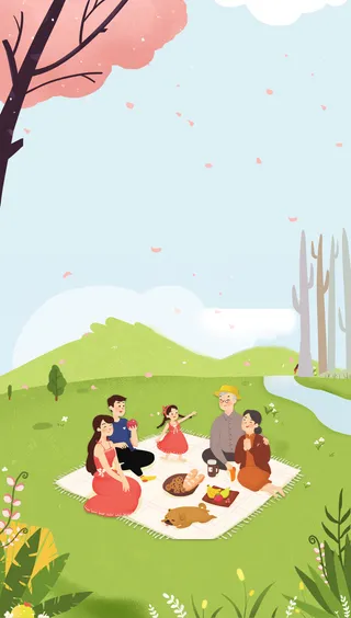 手绘一家人春游野营高清