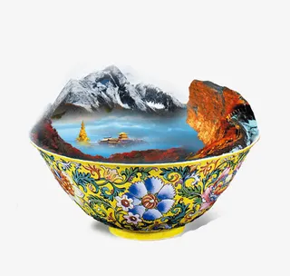 黄色中国风花纹瓷碗山水湖面免抠