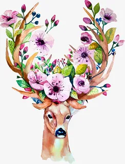 手绘 麋鹿  花 小清新免抠