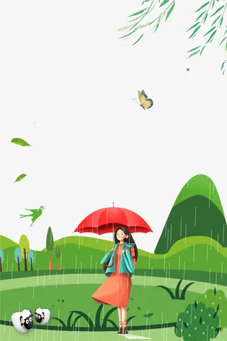 卡通手绘清新谷雨海报插画免抠