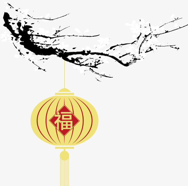 挂在树枝上的黄灯笼免抠