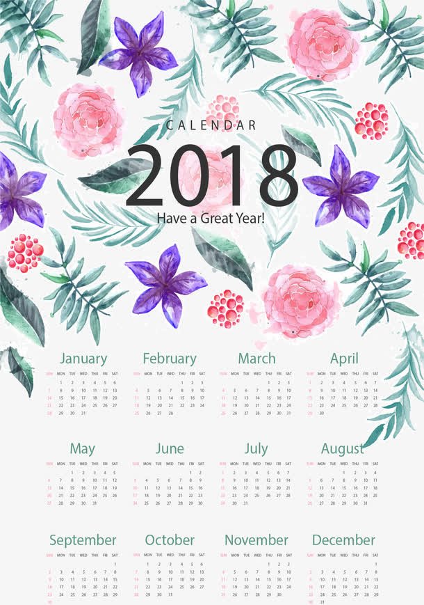 浪漫手绘花朵日历模板免抠