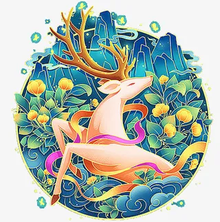 中国风国潮手绘仙鹿免抠