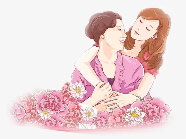 手绘花海人物母女免抠