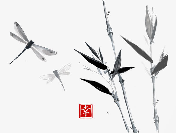 中国风水墨蜻蜓竹叶免抠