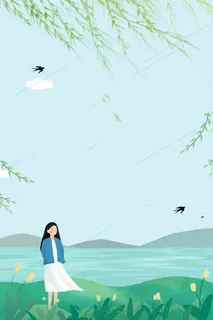 浅绿色手绘春季上新人物春天背景高清卡通手绘背景