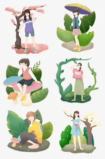 春天女孩游玩手绘图免抠其他元素