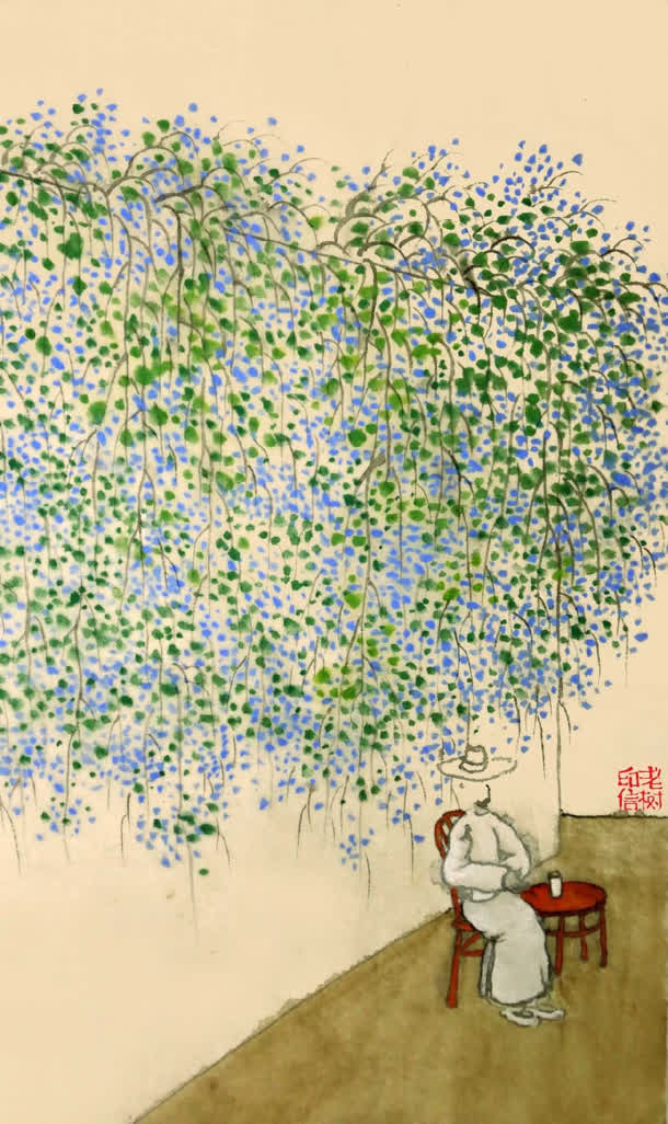 蓝紫色柳树花开垂钓免抠