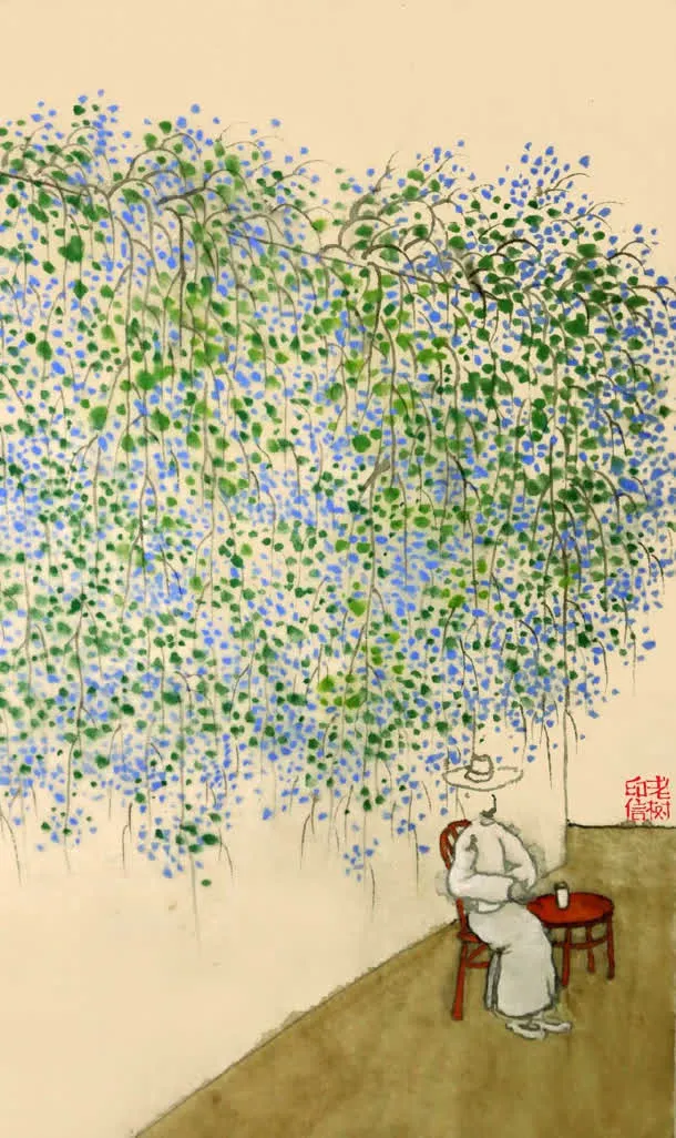 蓝紫色柳树花开垂钓免抠