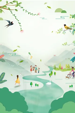 手绘春天踏青插画风景海报高清
