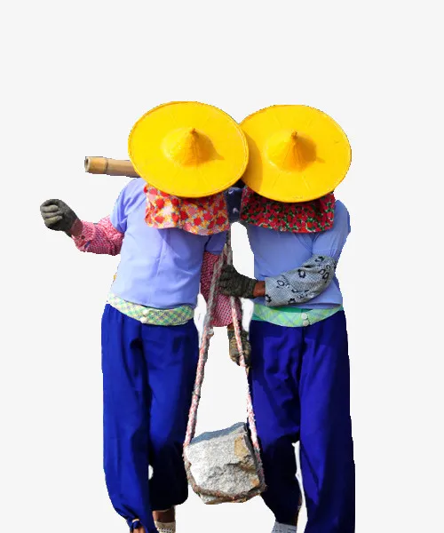 两个带黄草帽挑扁担的惠安女孩免抠