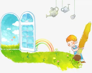 创意合成海报水彩小男孩在画春天免抠