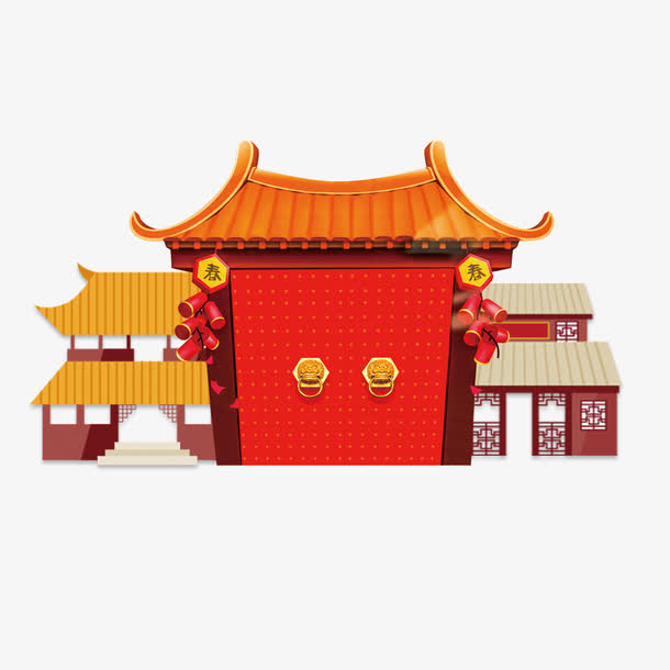 红色喜迎春节中国古典建筑扁平插免抠