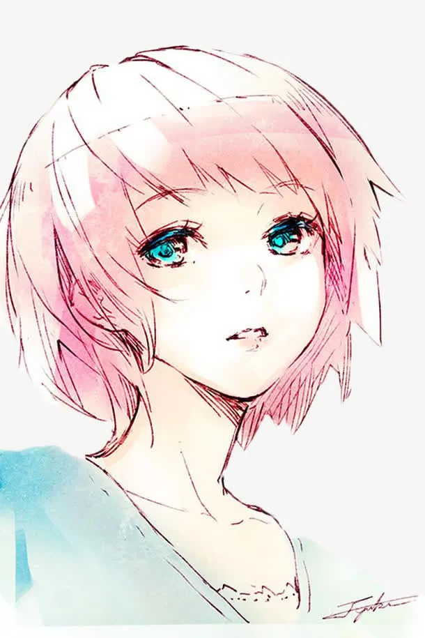 粉色头发丫头侧颜手绘免抠