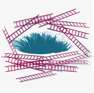 一个坑洞前放着很多救援梯免抠