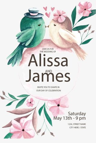 水彩接吻鸟婚礼请帖免抠