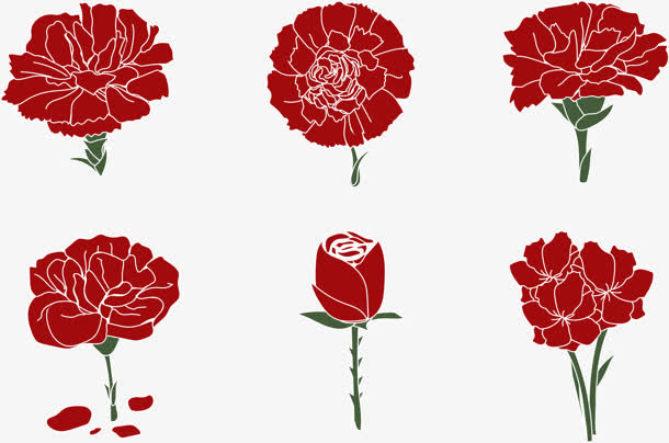 手绘红色各种花朵绿叶免抠