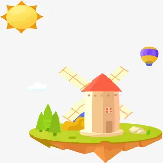 手绘风车与太阳免抠