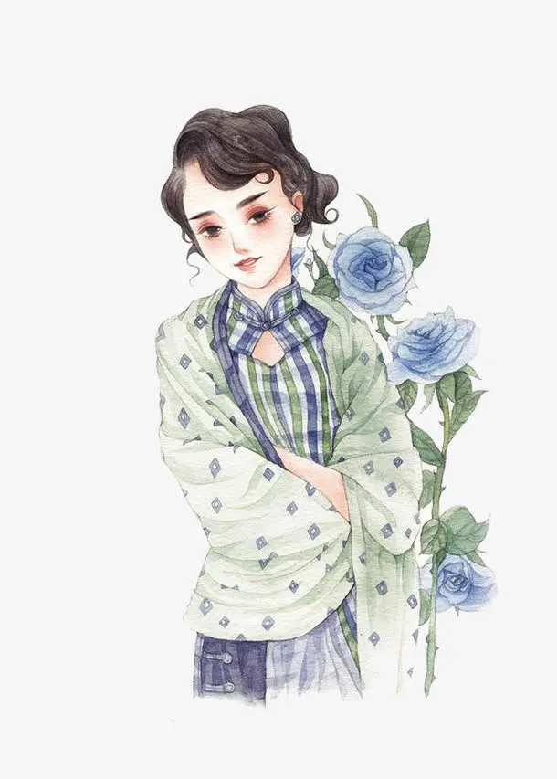 手绘民国美女免抠