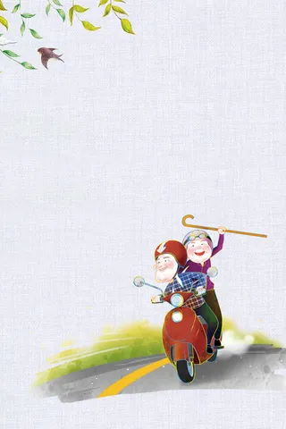 浅灰色手绘关爱老人挂历老人骑机车绿植背景高清