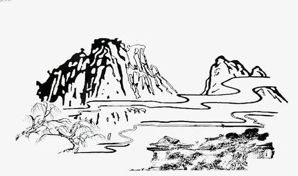 简笔山水画素材线稿免抠