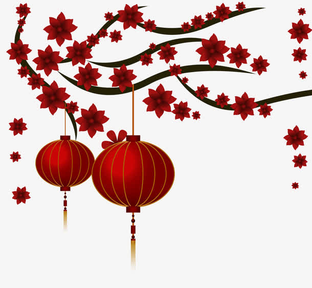 创意中国风树枝与灯笼素材设计免抠