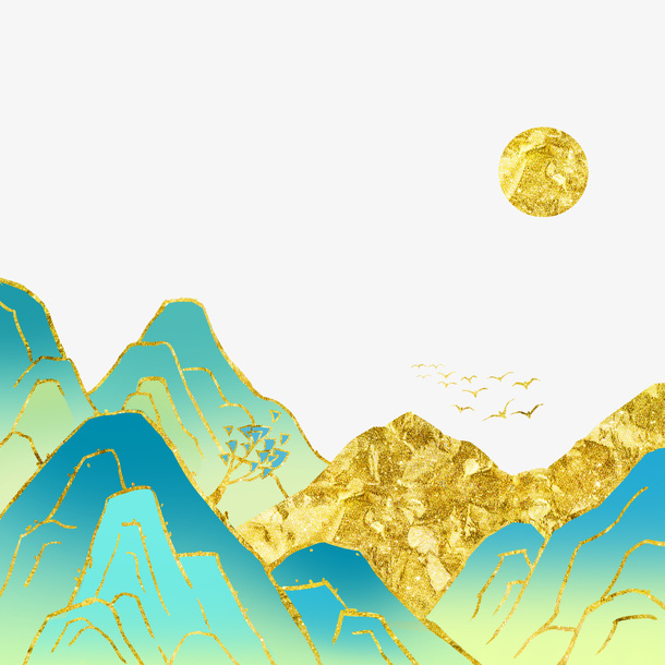 国潮鎏金金箔国潮山水免抠