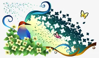 卡通手绘彩色蝴蝶花丛里鸟插画免抠