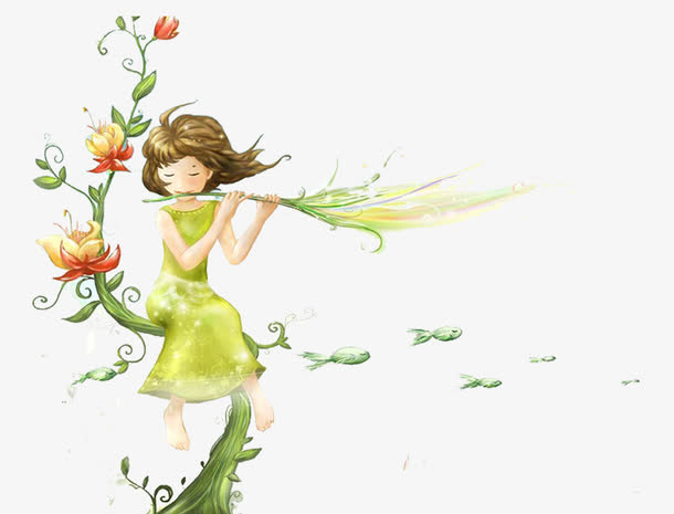 卡通吹花笛的女孩免抠
