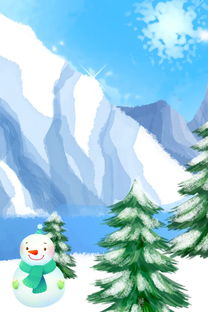 蓝色渐变风格冬季户外雪人山水风光主题设计高清