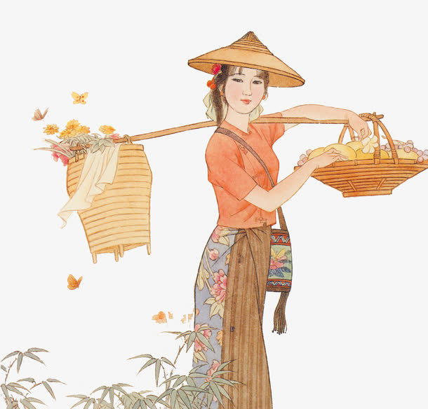 手绘采花的民族女免抠