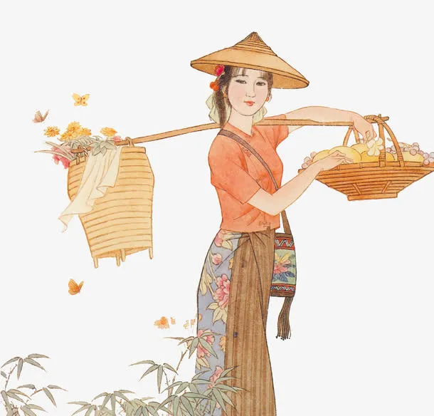 手绘采花的民族女免抠