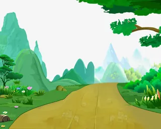 2017卡通山路草地绿树远山免抠