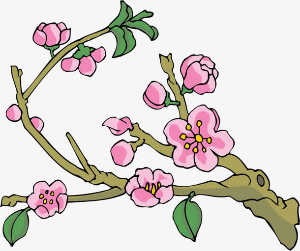 古风手绘粉色桃花树枝免抠