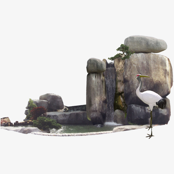 假山和丹顶鹤免抠背景摄影风景元素