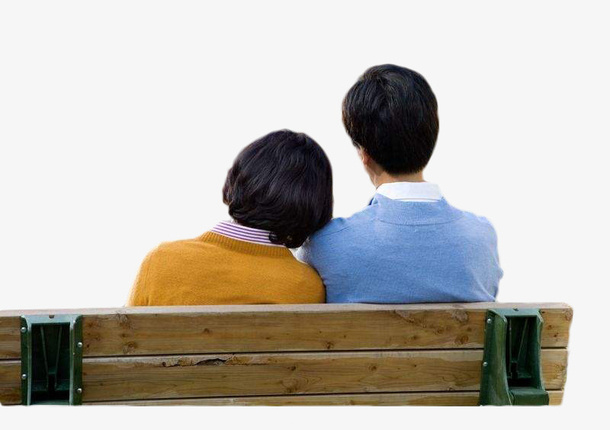 坐在长椅上相互依偎的人物背影图免抠