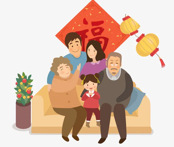 坐在沙发上的一家人免抠