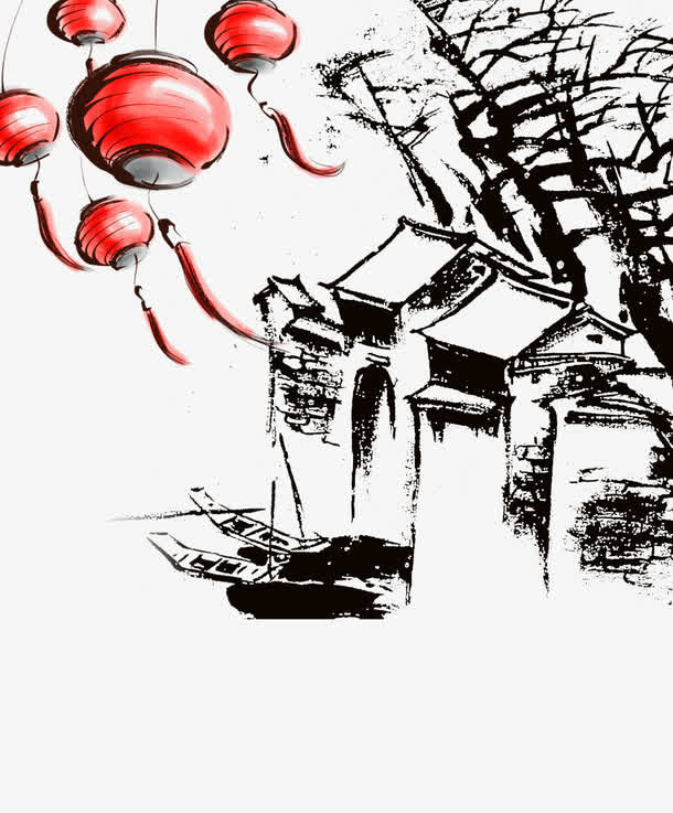 手绘灯笼与房屋插画免抠