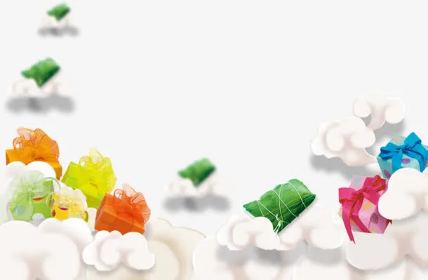 卡通浮云上的粽子礼盒背景
