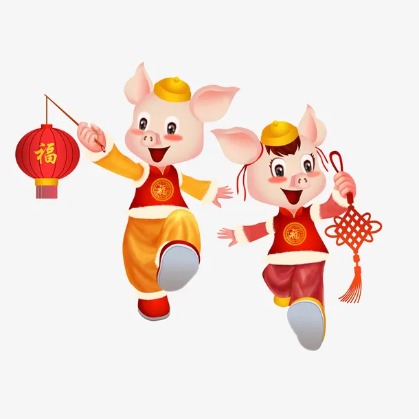卡通手绘过年的两只猪免抠