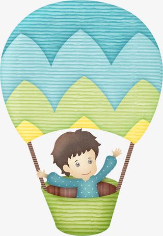 卡通小男孩在热气球里免抠