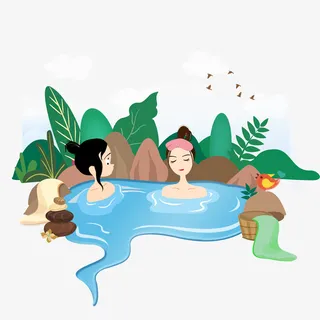 手绘泡温泉的女孩免抠