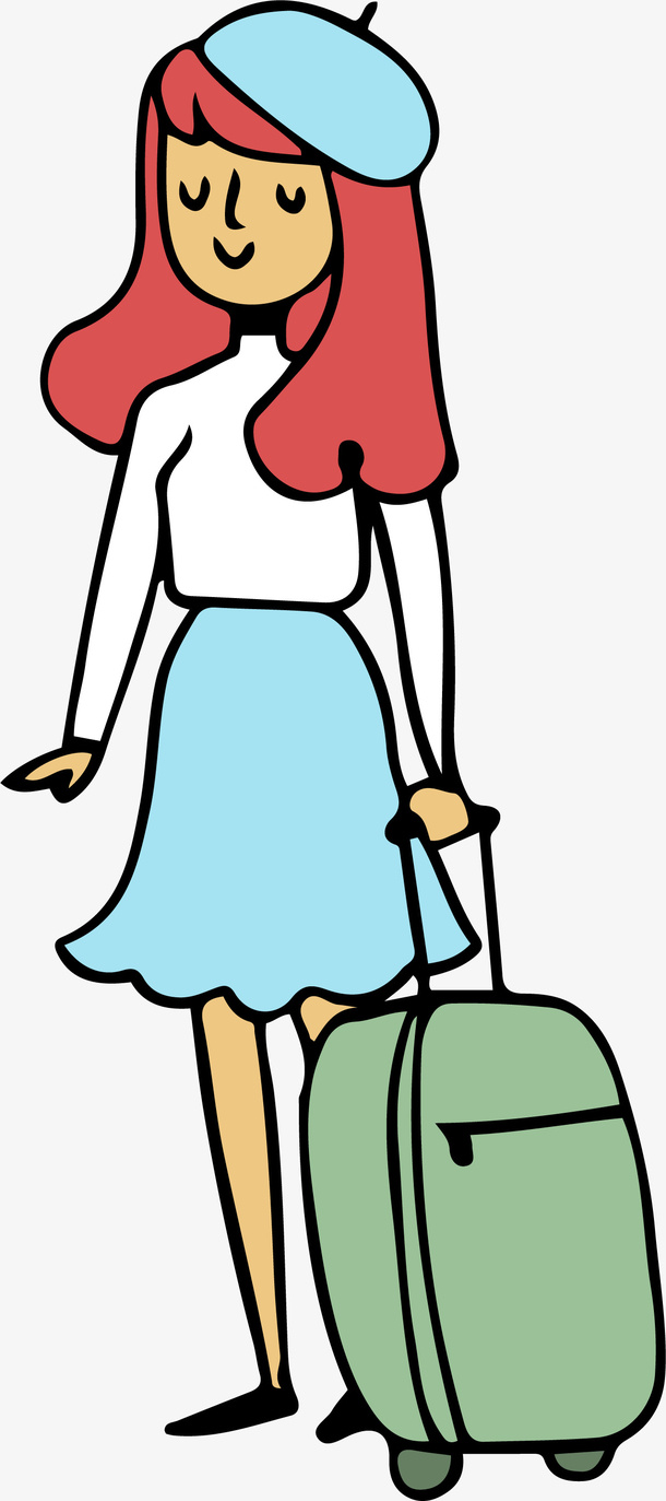 女孩拉着行李箱手绘图免抠