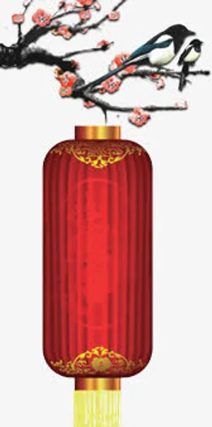 手绘红色灯笼树枝免抠