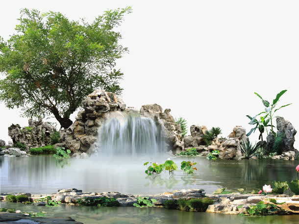 公园假山瀑布植物免抠