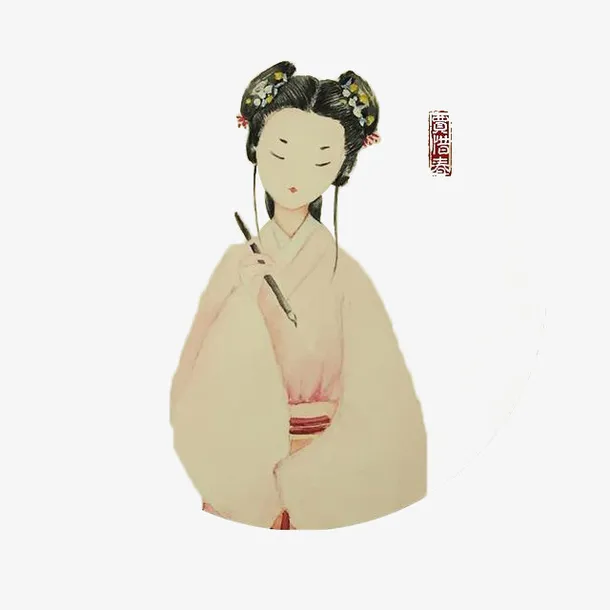 手绘水墨红楼梦贾惜春提笔插画免免抠