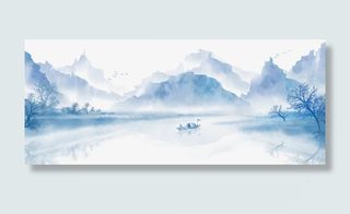 蓝色水墨山水图免抠手绘/卡通手绘元素