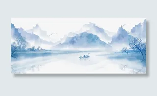 蓝色水墨山水图免抠手绘/卡通手绘元素