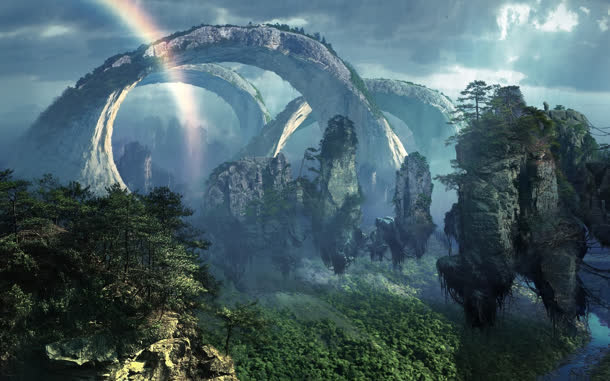 游戏场景彩虹光效山峰矗立免抠